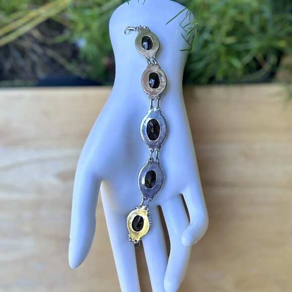 VTG Link Bracelet 6.75 Smoky Quartz Oval Shape Gems 925 Sterling Silver 32.9g - Picture 3 of 10